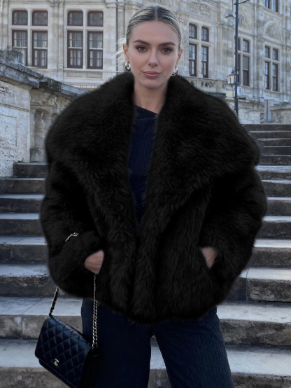 Luxurious Faux Fur Short Coat with Shawl Collar - Black