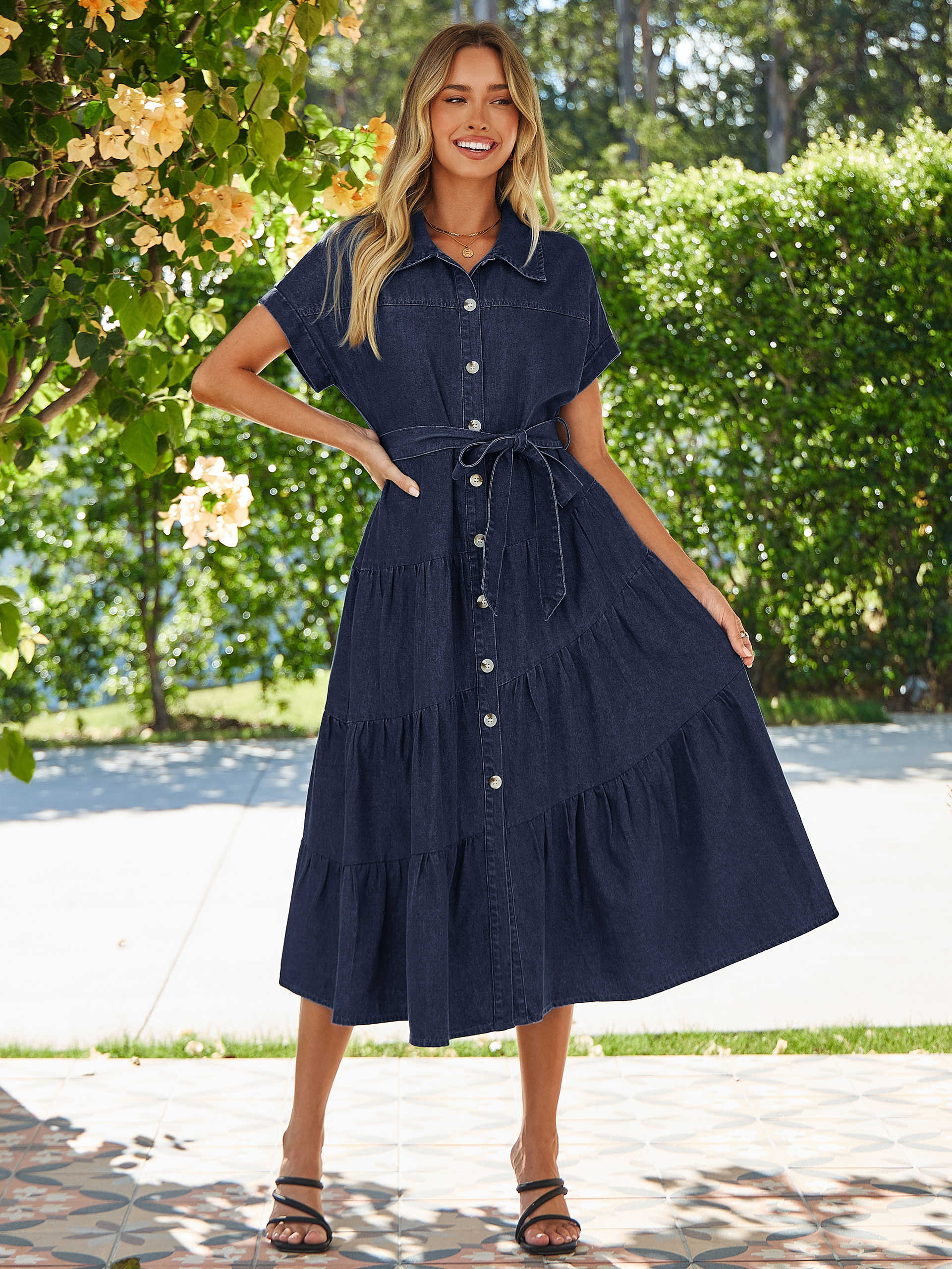 Short Sleeve Denim Belted Tiered Maxi Dress - Denim Navy Blue