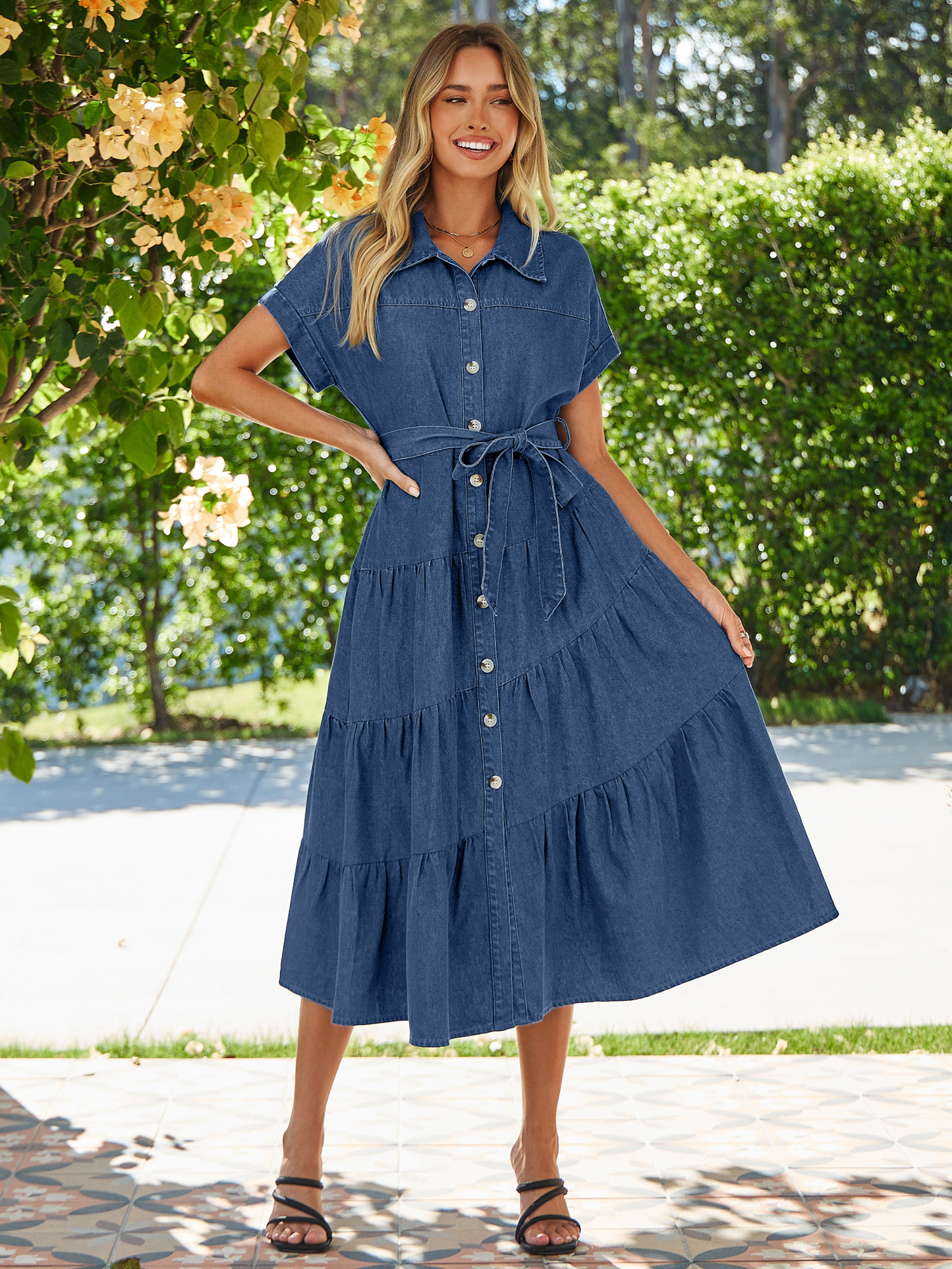 Short Sleeve Denim Belted Tiered Maxi Dress - Denim Deep Blue
