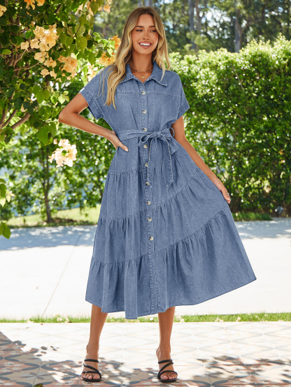 Short Sleeve Denim Belted Tiered Maxi Dress - Denim Classic Blue