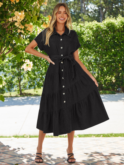 Short Sleeve Denim Belted Tiered Maxi Dress - Denim Black
