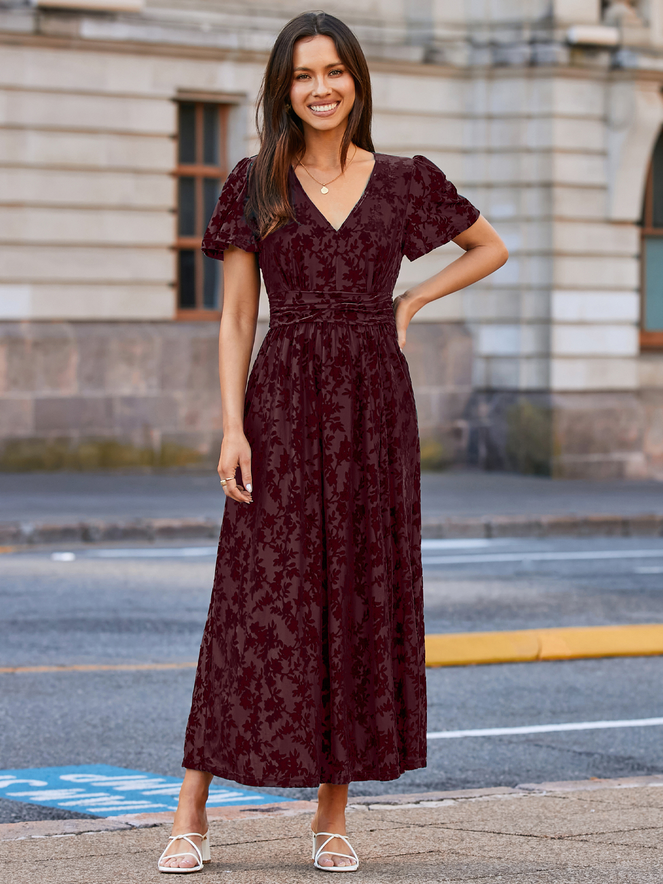 Velvet Floral Slit V-Neck Flutter Sleeve Maxi Dress - Burgundy