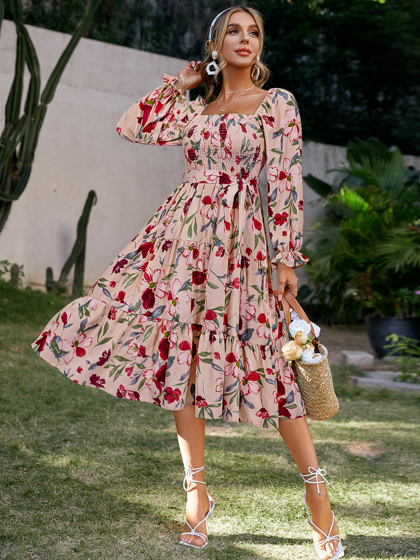 Floral Shirred Tie Waist Long Sleeve Midi Dress - Pink