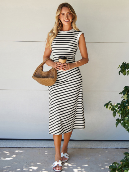 Striped Sleeveless Crew Neck A-Line Midi Dress