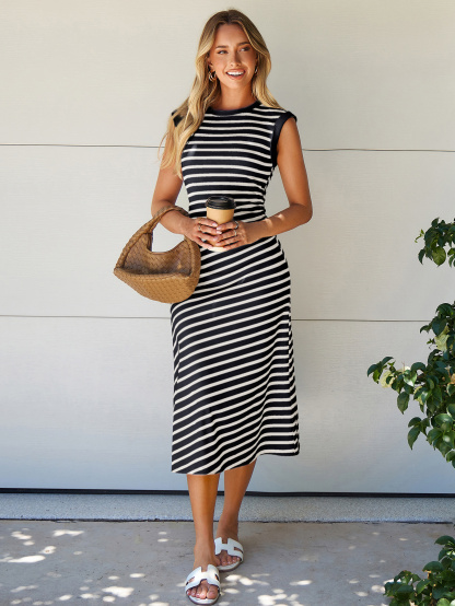 Striped Sleeveless Crew Neck A-Line Midi Dress