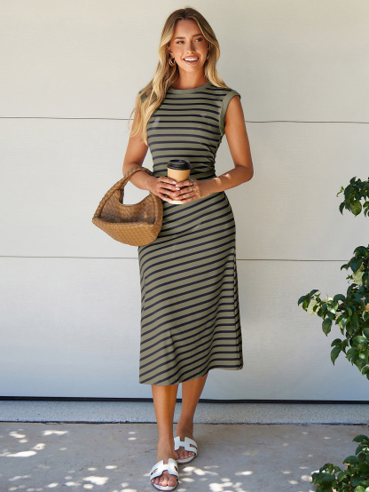 Striped Sleeveless Crew Neck A-Line Midi Dress