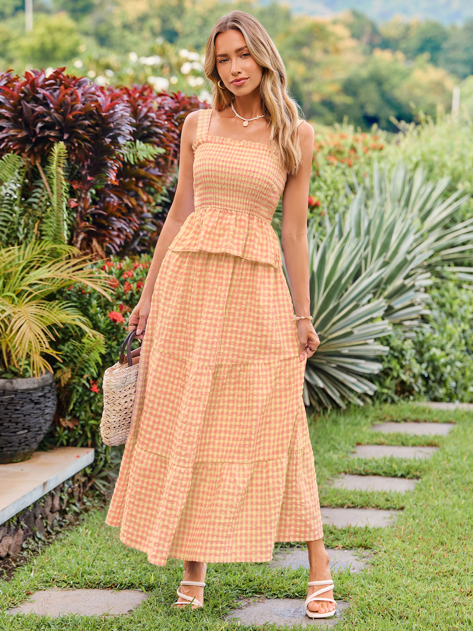 Gingham Smocked Tank Top and Maxi Skirt Set