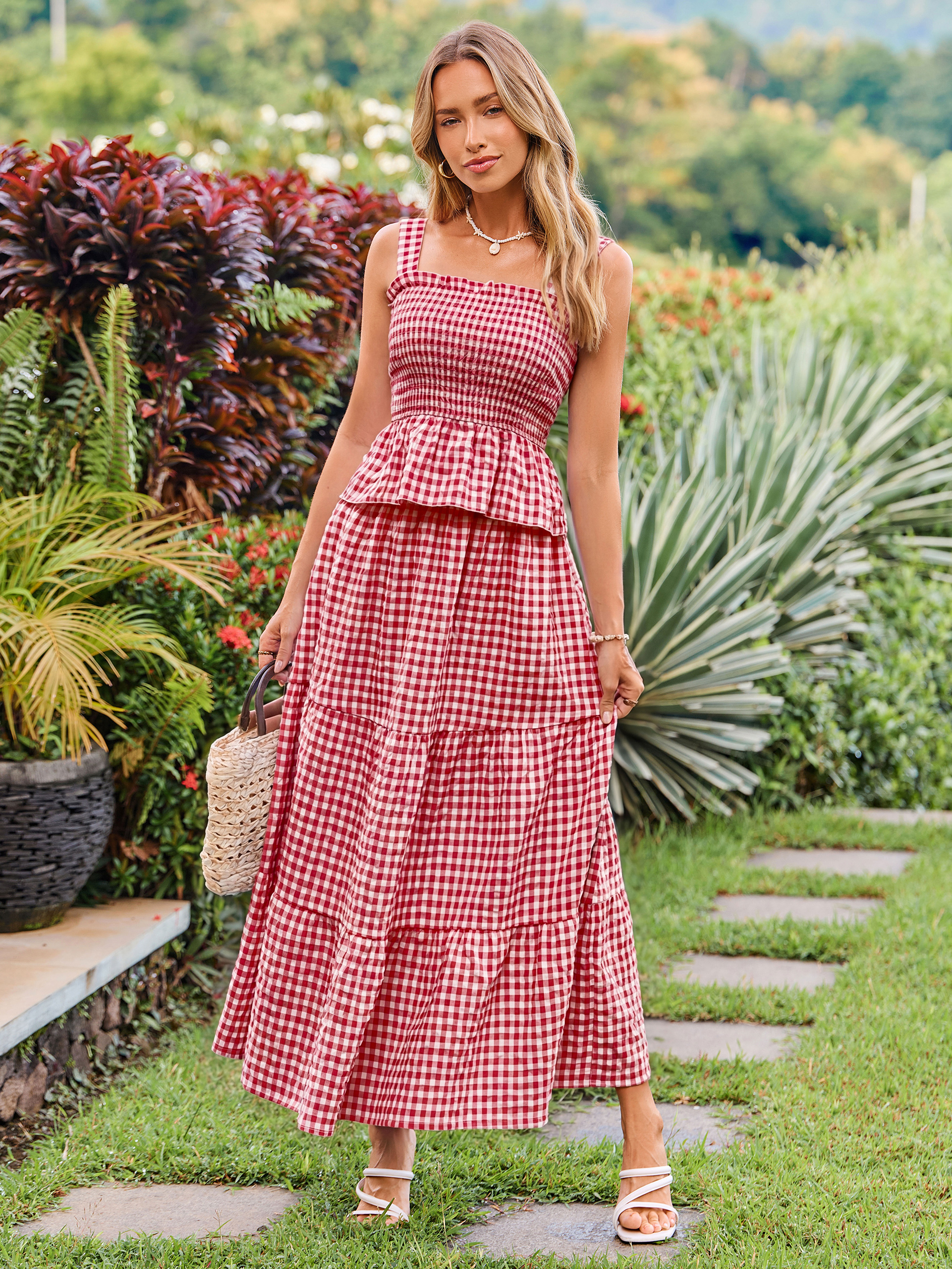 Gingham Smocked Tank Top and Maxi Skirt Set