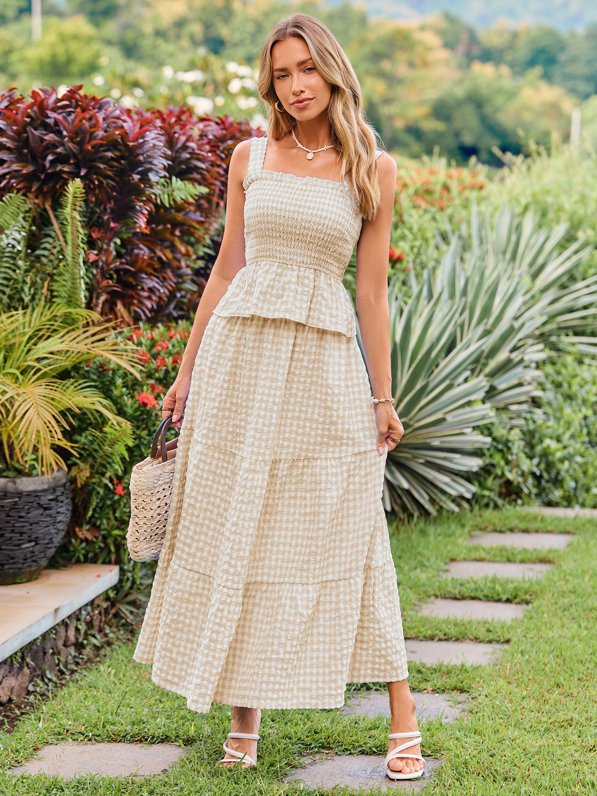 Gingham Smocked Tank Top and Maxi Skirt Set