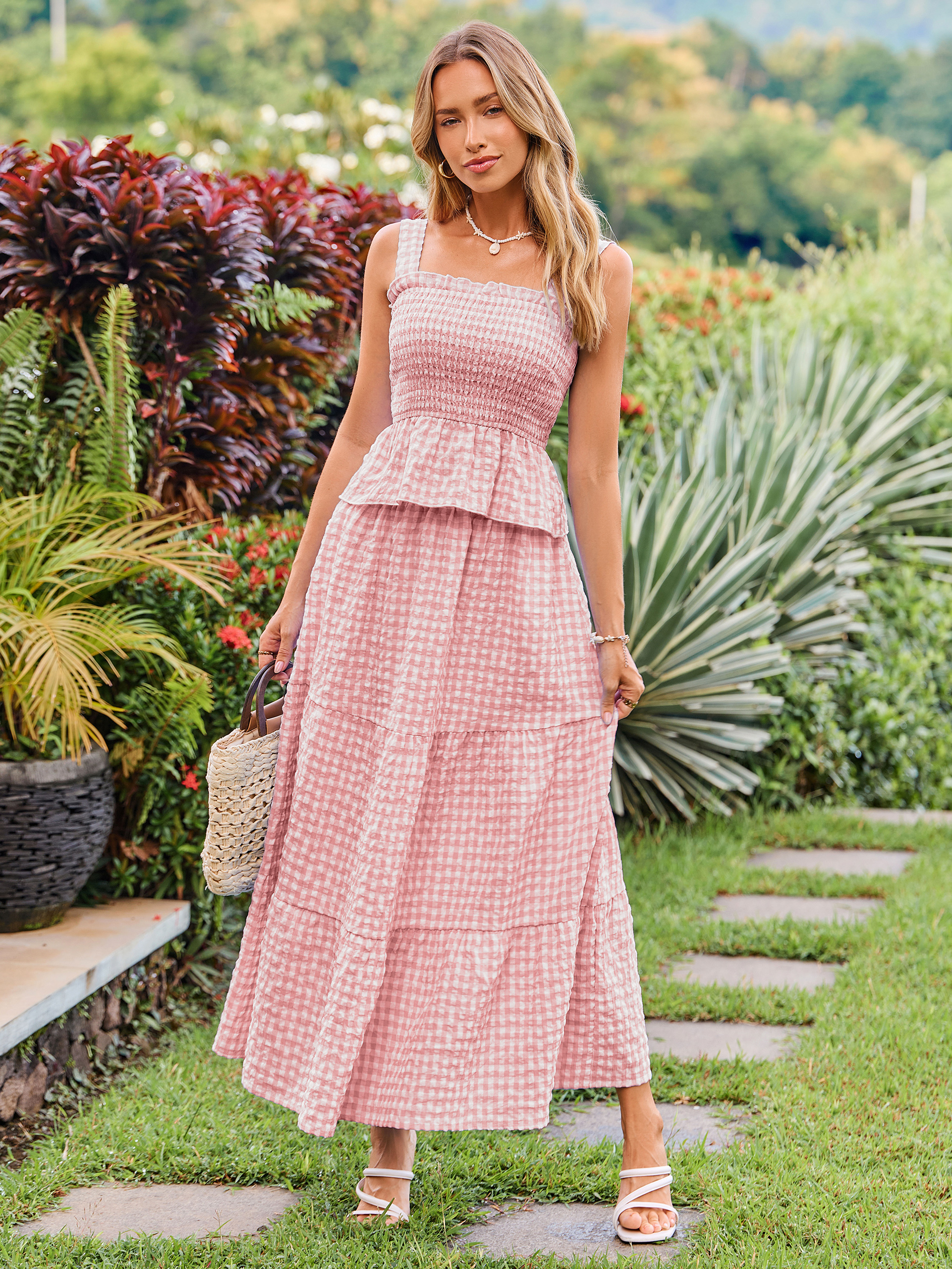 Gingham Smocked Tank Top and Maxi Skirt Set