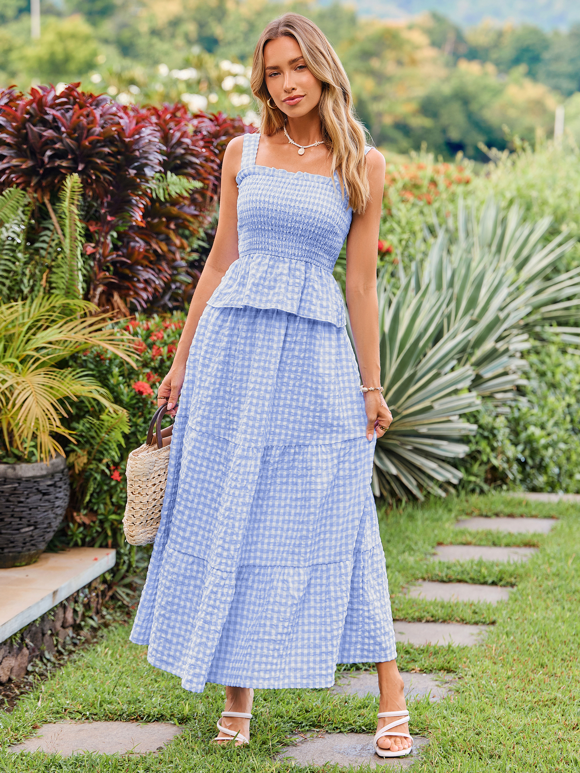 Gingham Smocked Tank Top and Maxi Skirt Set
