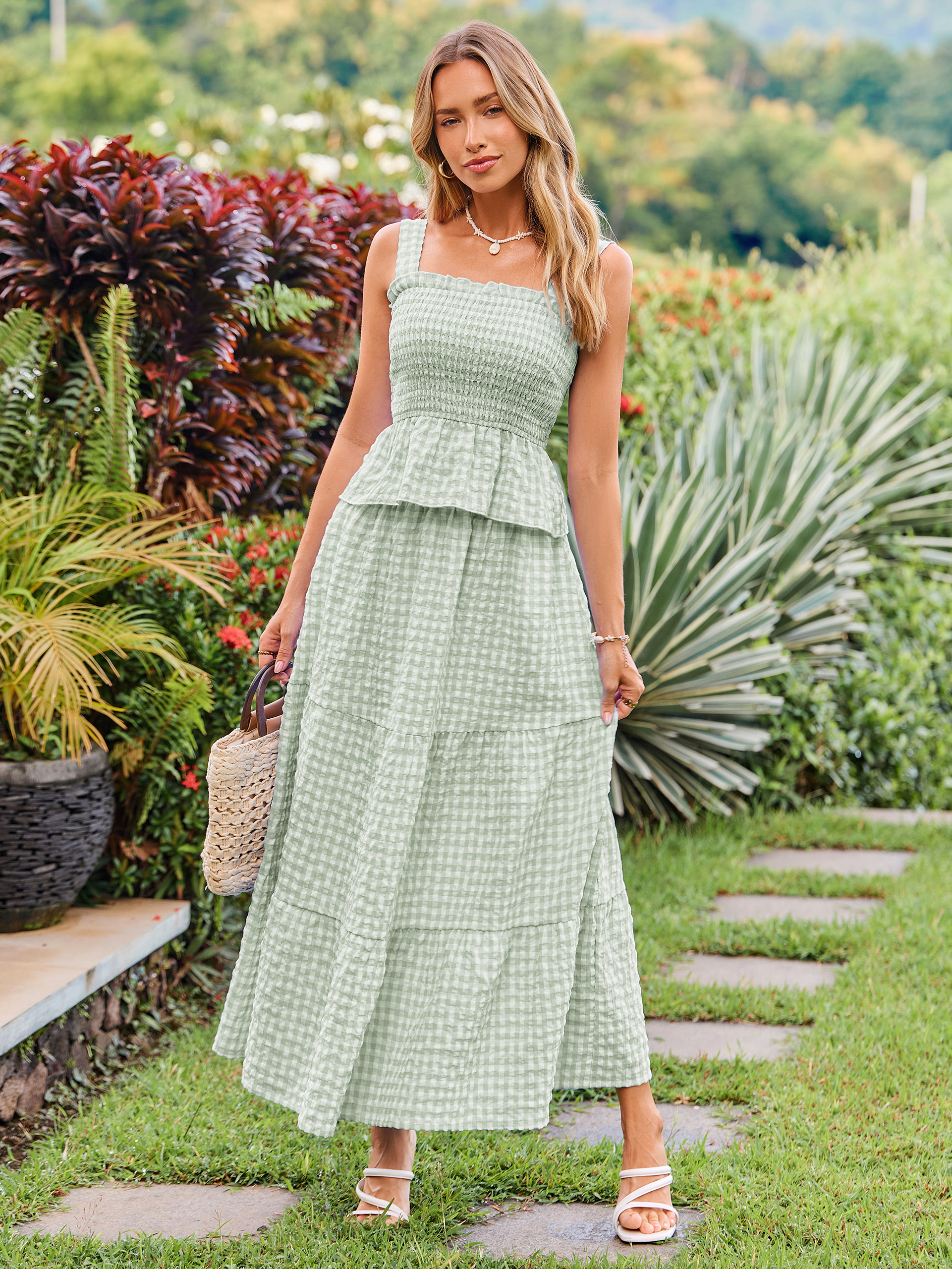 Gingham Smocked Tank Top and Maxi Skirt Set