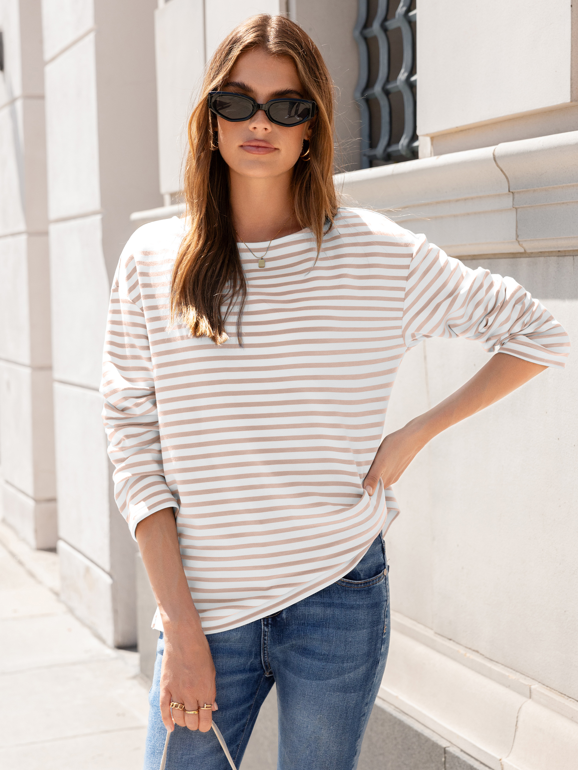 Boat Neck Striped Long Sleeve Tops