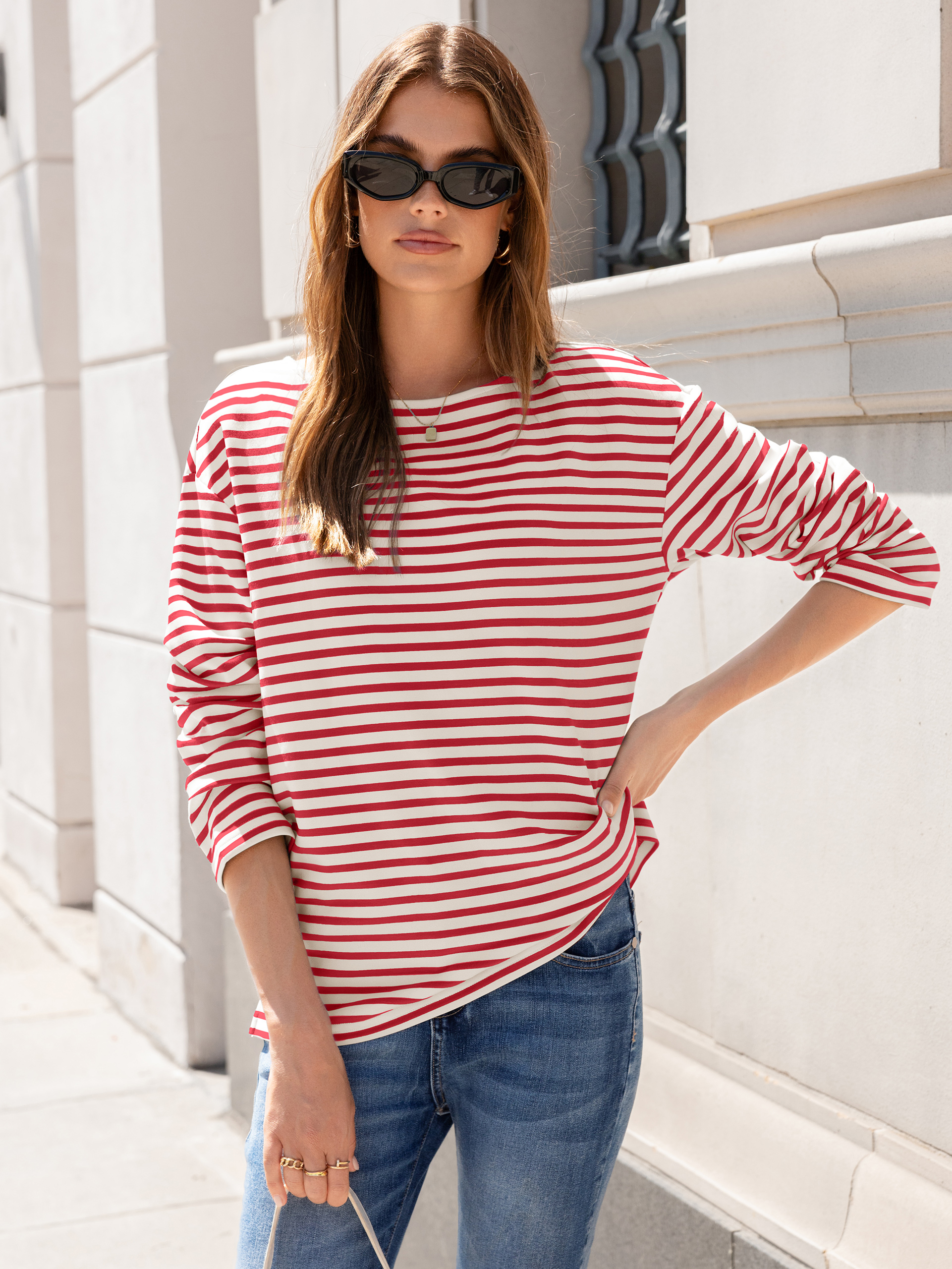 Boat Neck Striped Long Sleeve Tops