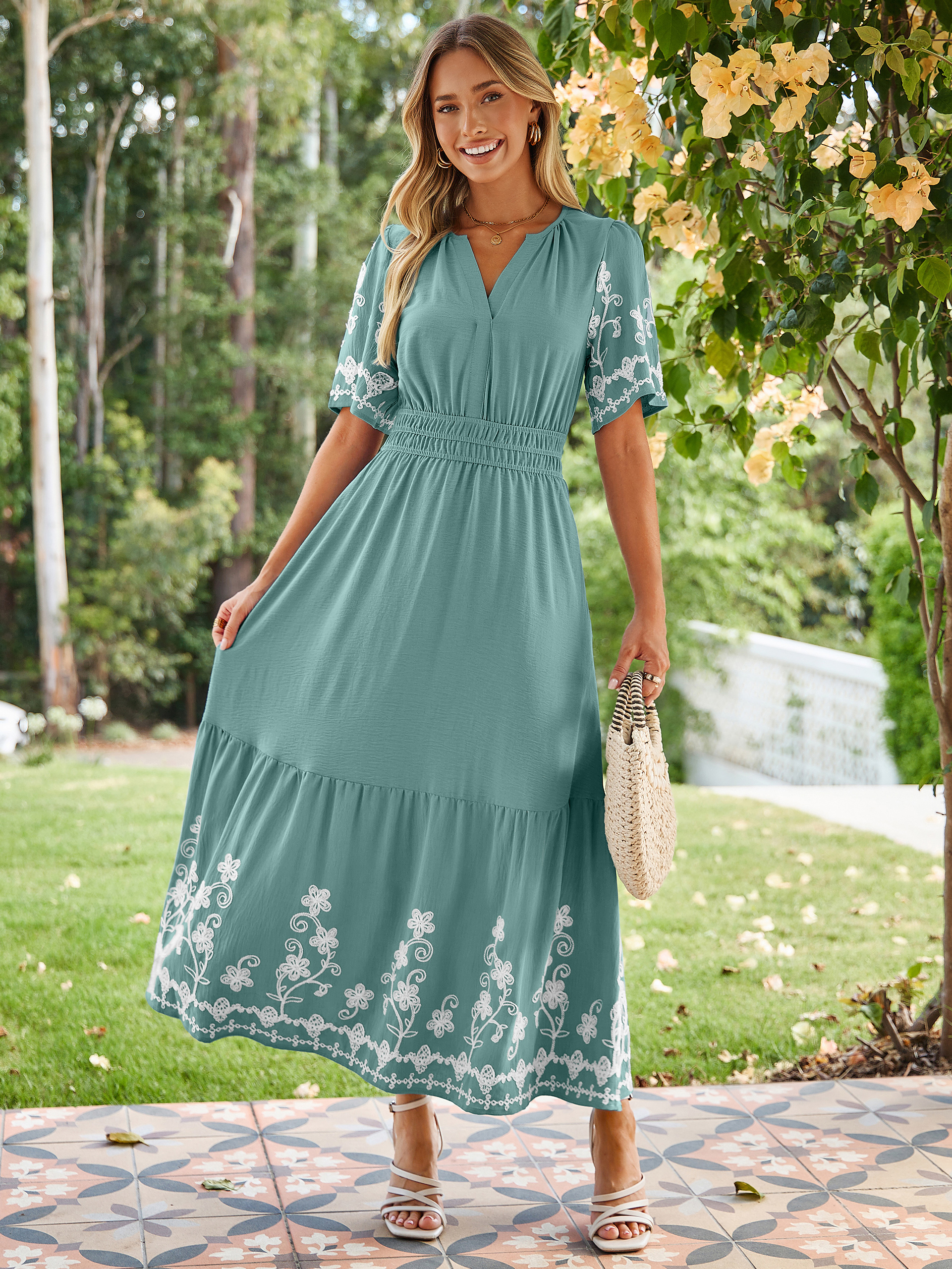 Floral Embroidery V-Neck A-Line Maxi Dress - Sage Green