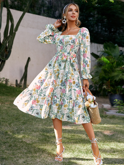 Floral Smocked Square Neck Midi Dress - Long Sleeve-Floral