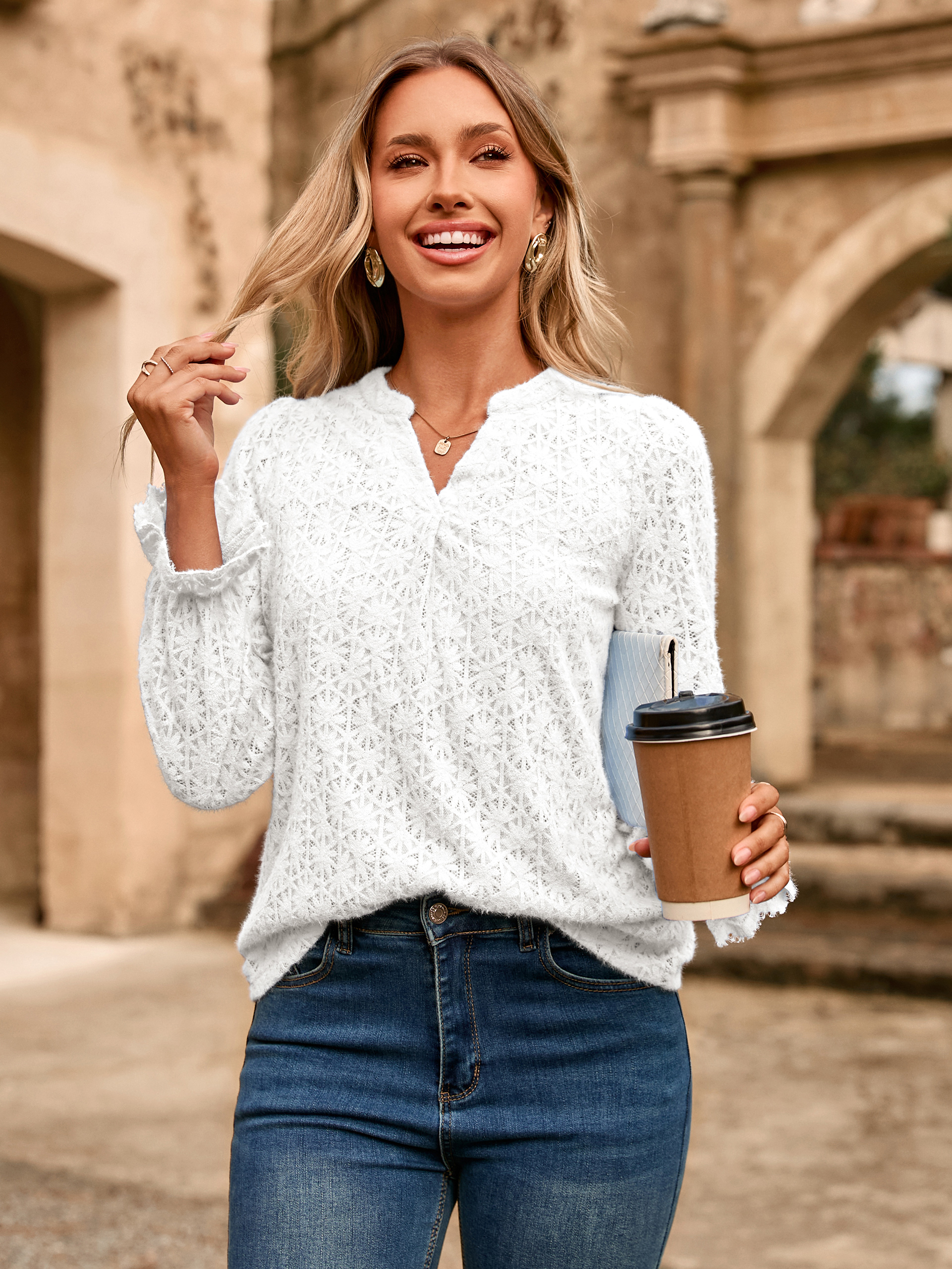 Lace Eyelet V Neck Long Sleeve Top - White