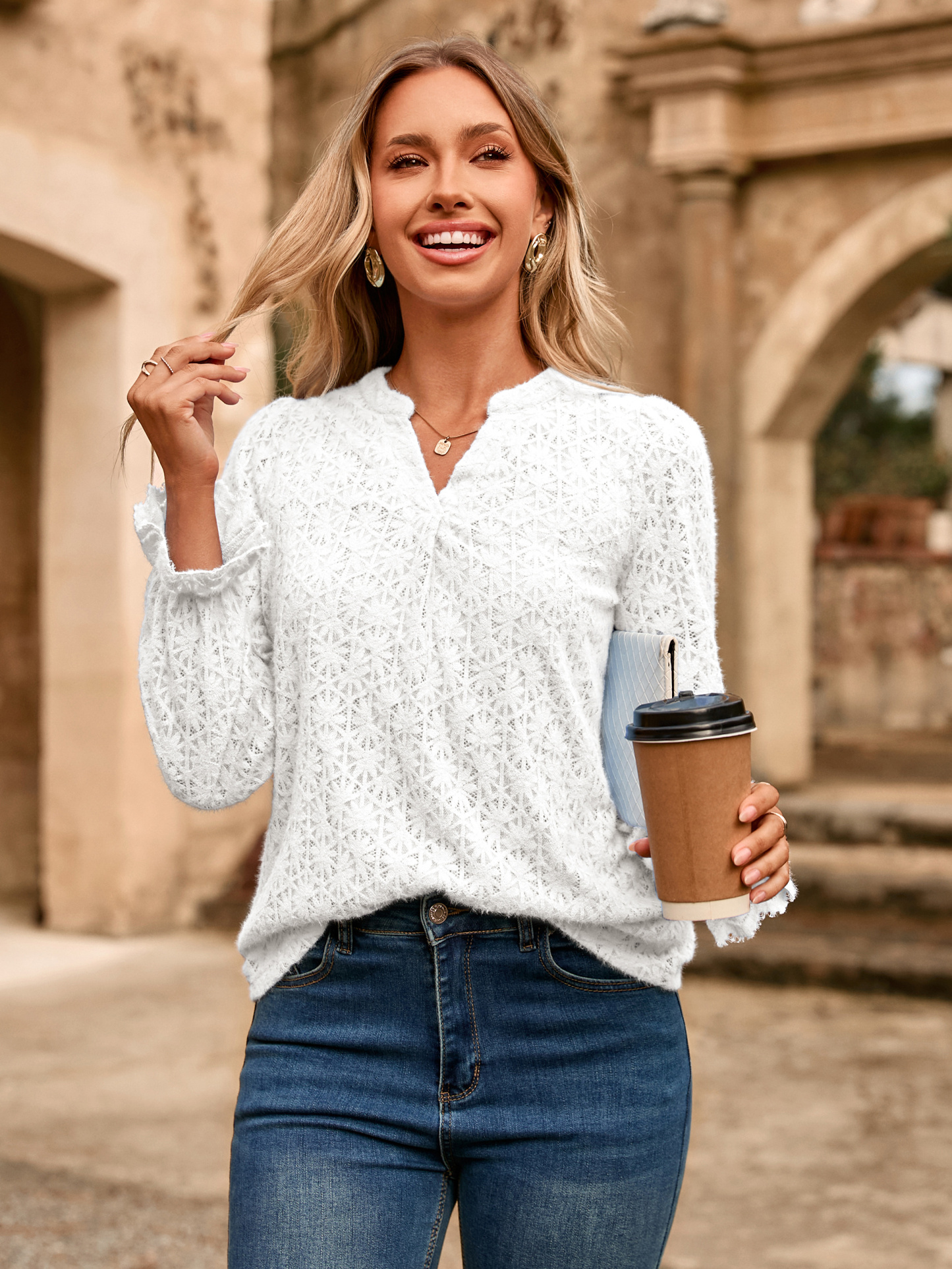 Lace Eyelet V Neck Long Sleeve Top - White