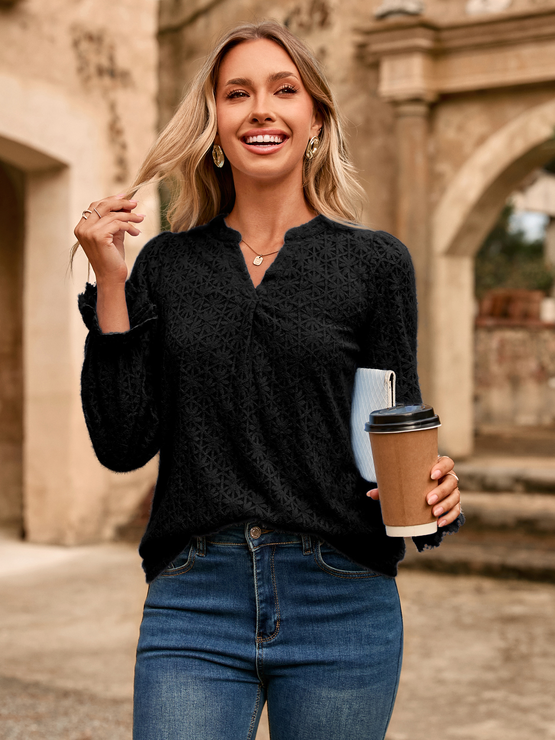 Lace Eyelet V Neck Long Sleeve Top - Black