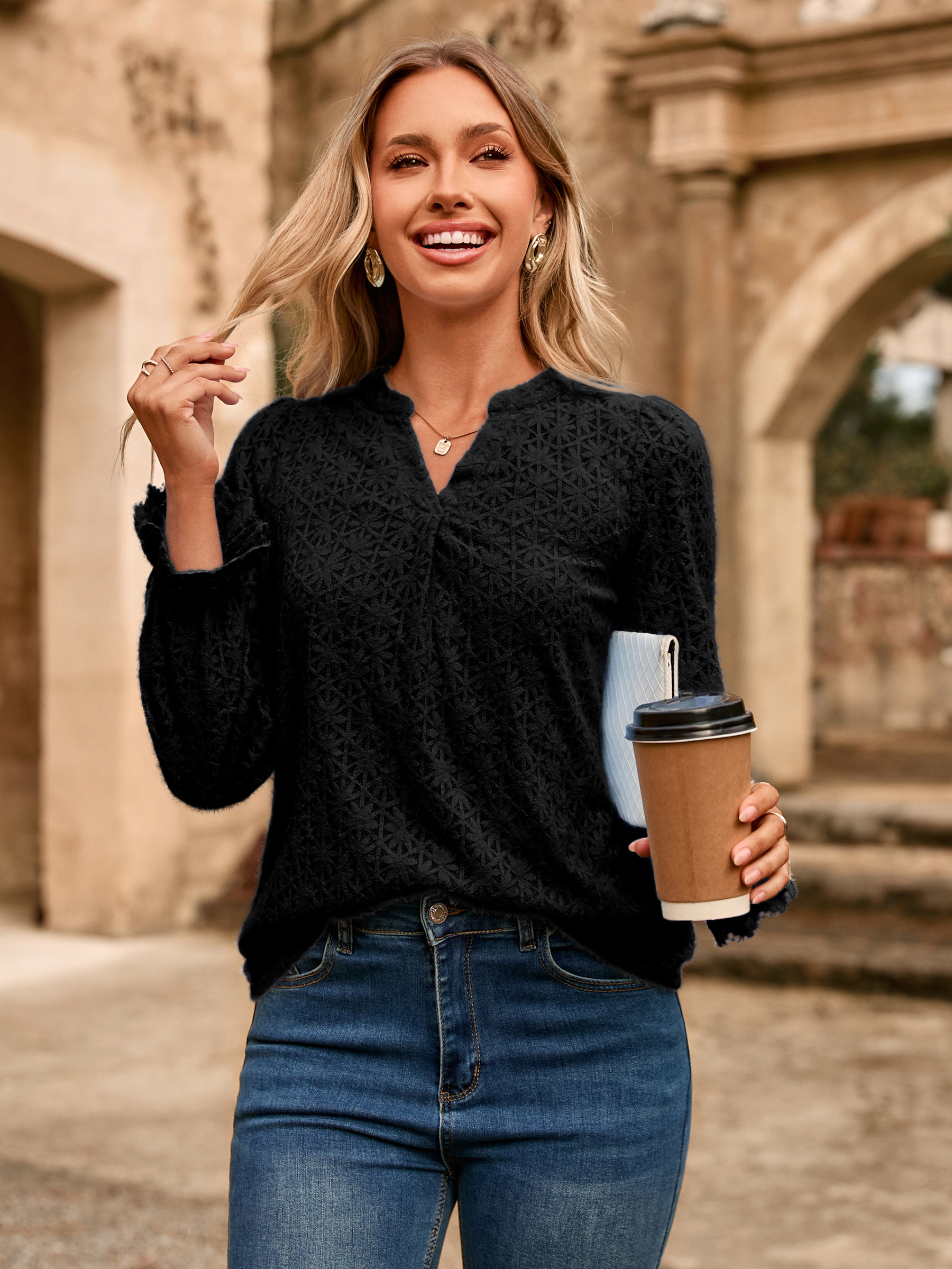 Lace Eyelet V Neck Long Sleeve Top - Black