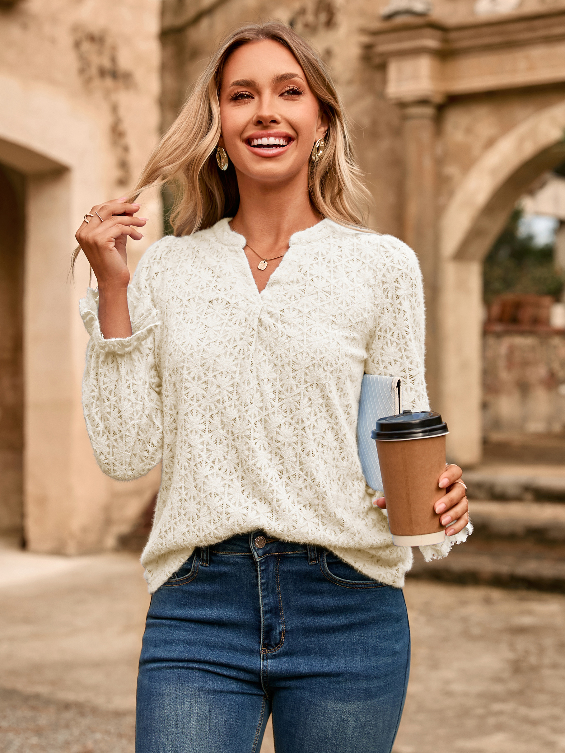 Lace Eyelet V Neck Long Sleeve Top - Apricot