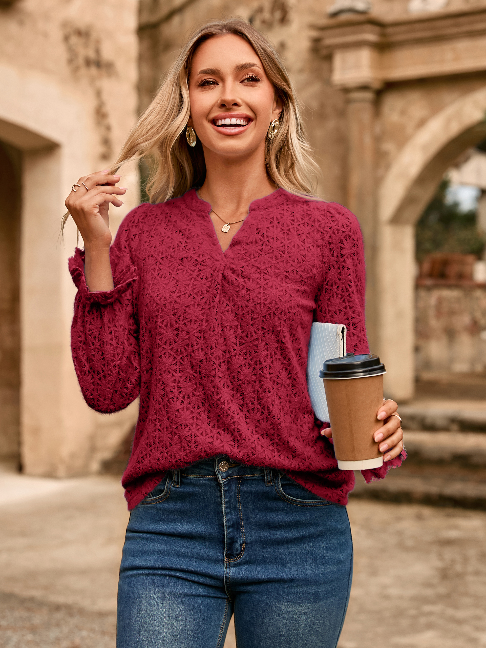 Lace Eyelet V Neck Long Sleeve Top - Wine Red