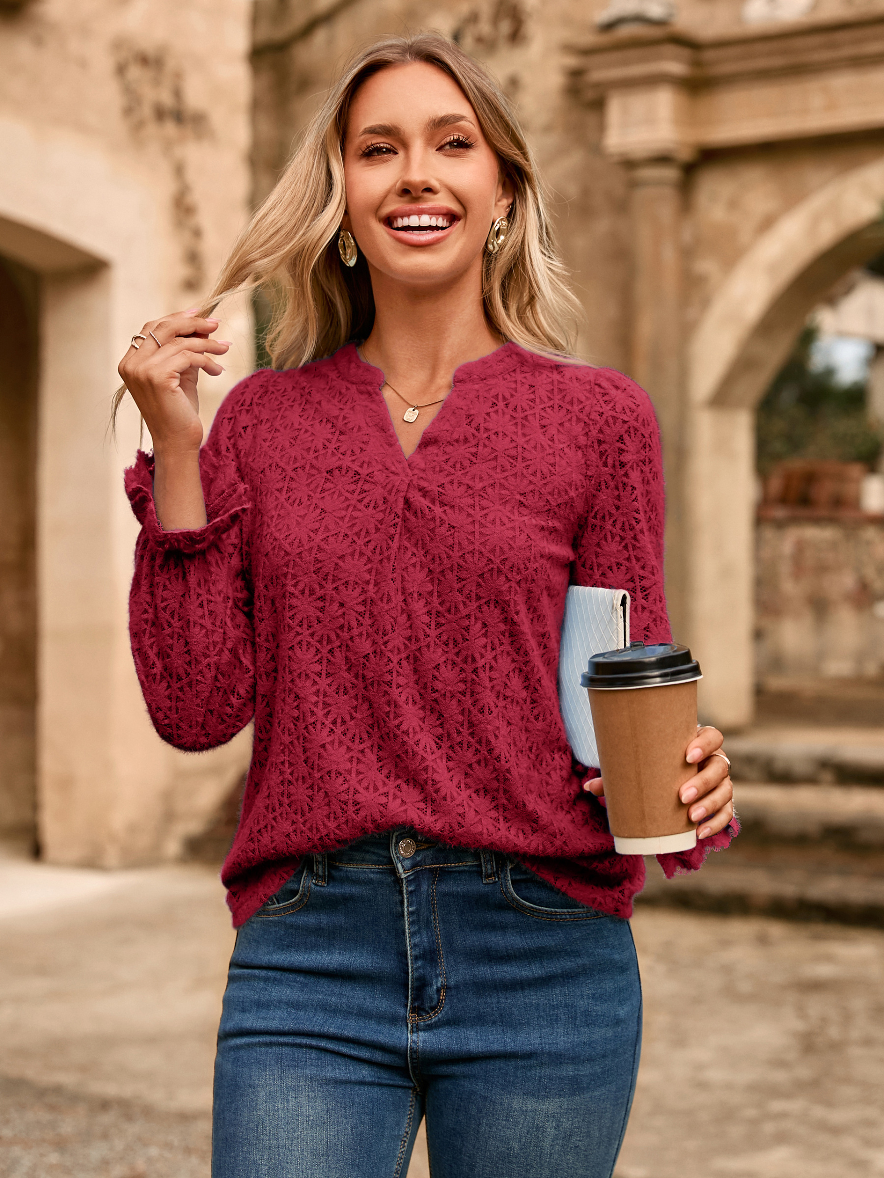 Lace Eyelet V Neck Long Sleeve Top - Glamaker
