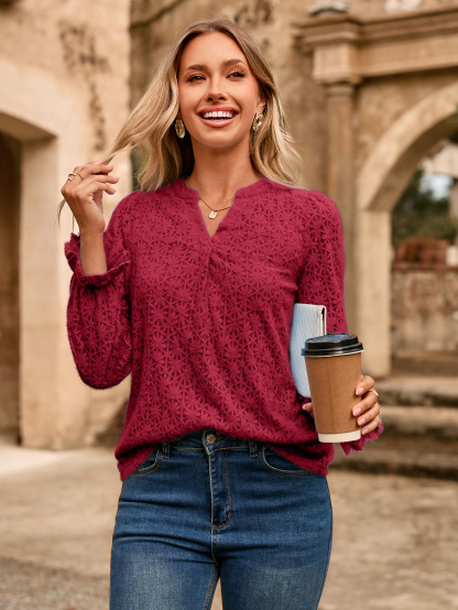 Lace Eyelet V Neck Long Sleeve Top - Wine Red