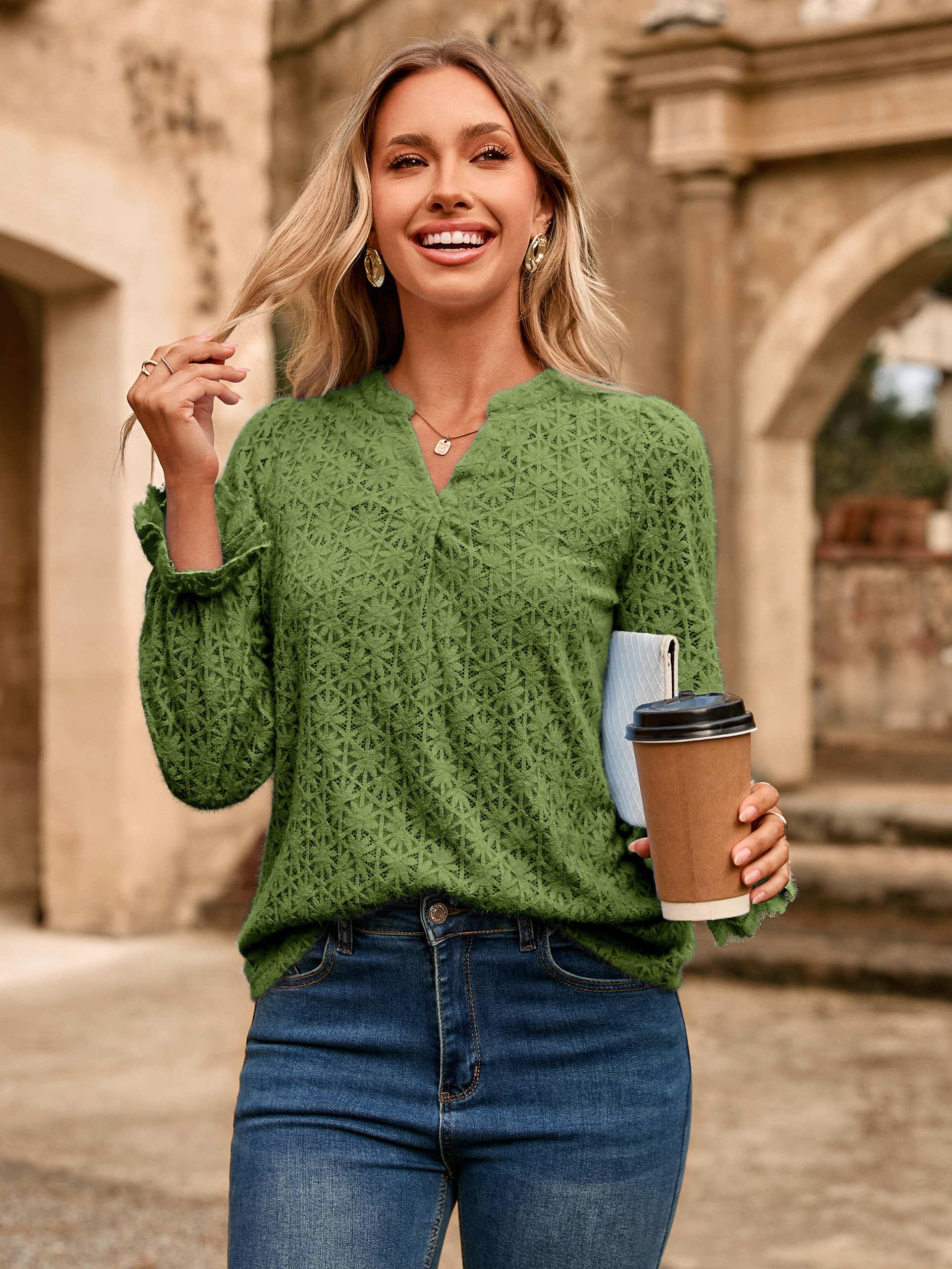Lace Eyelet V Neck Long Sleeve Top - Army Green