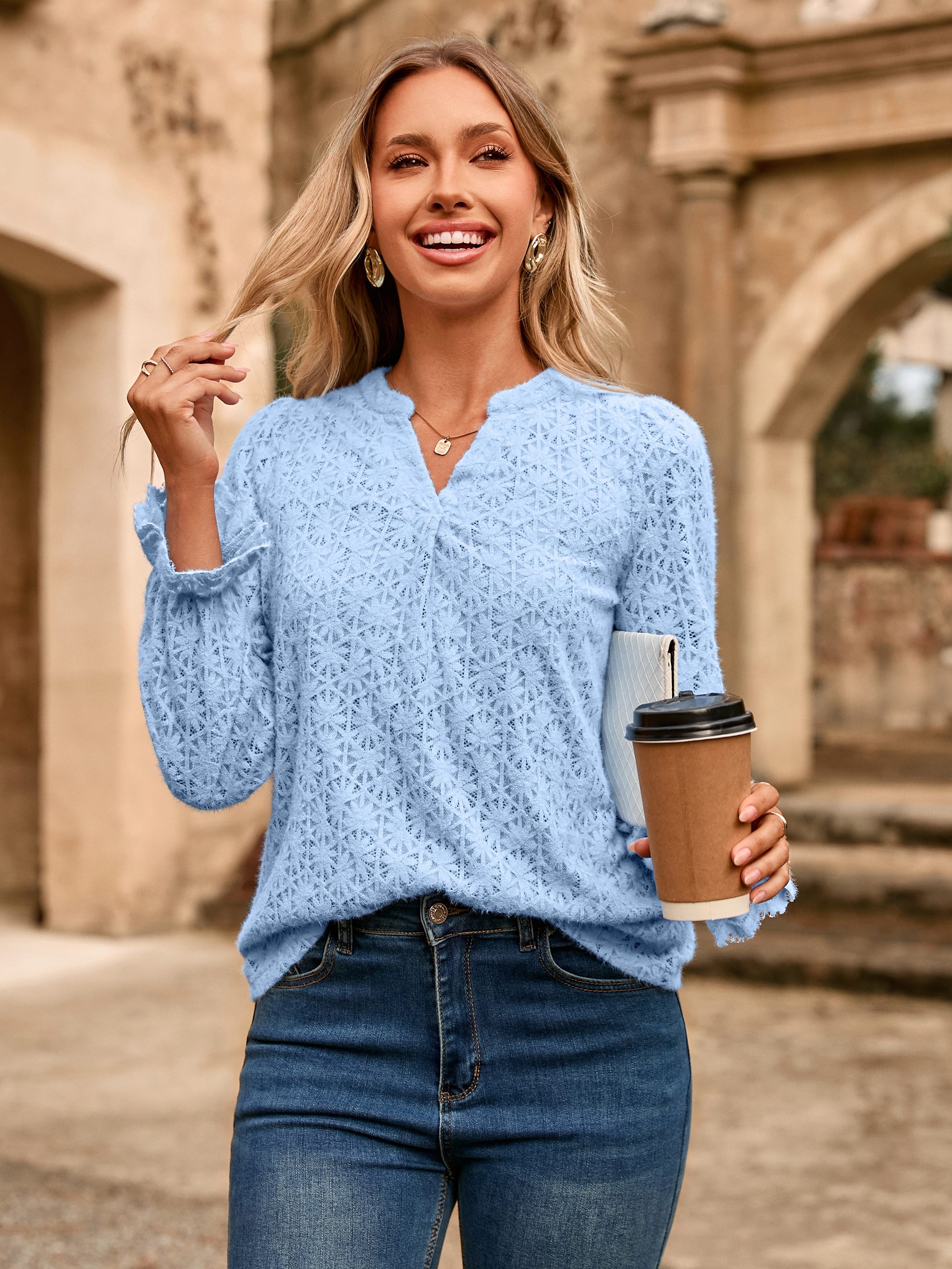 Lace Eyelet V Neck Long Sleeve Top - Light Blue