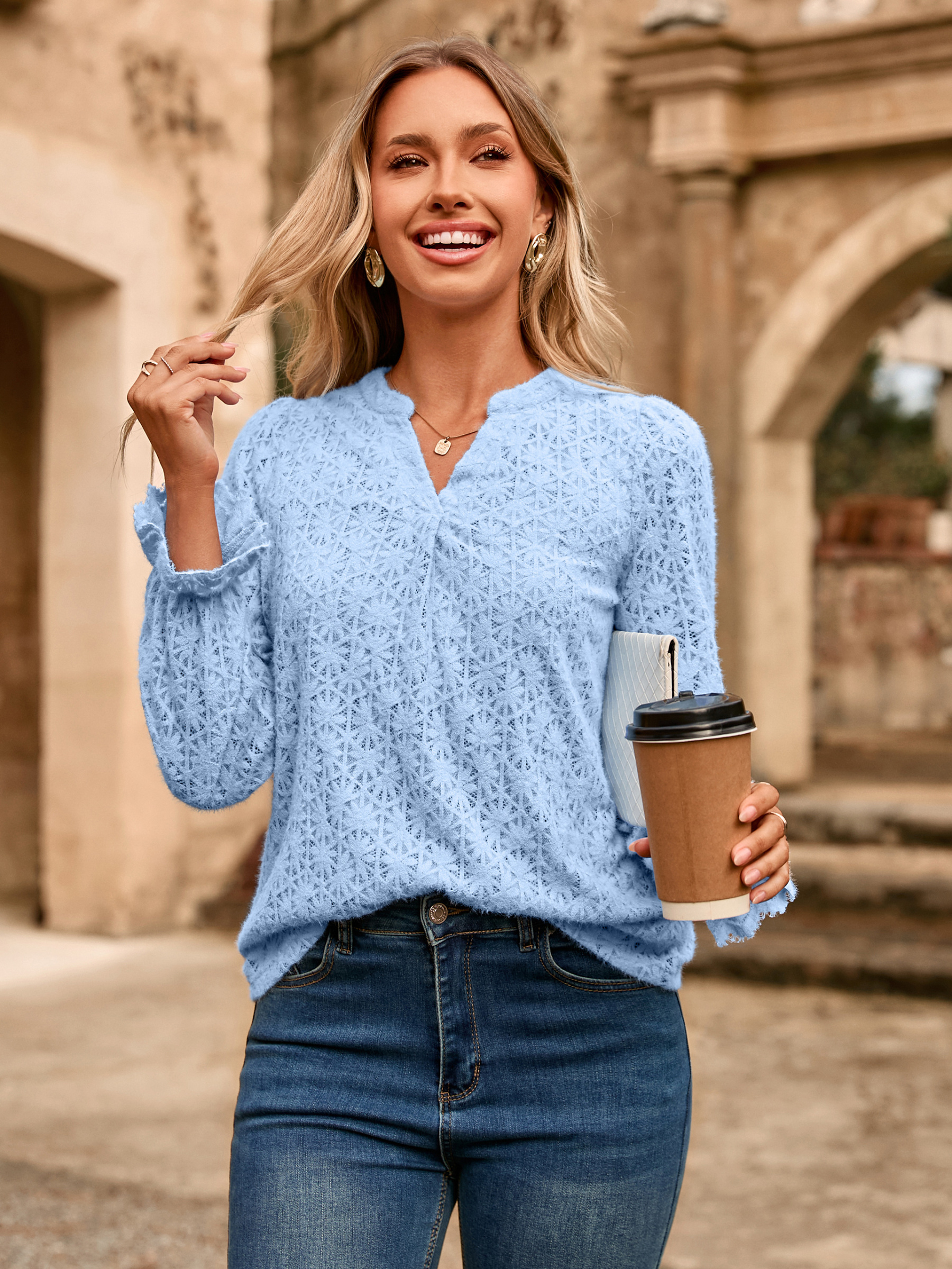 Lace Eyelet V Neck Long Sleeve Top - Light Blue
