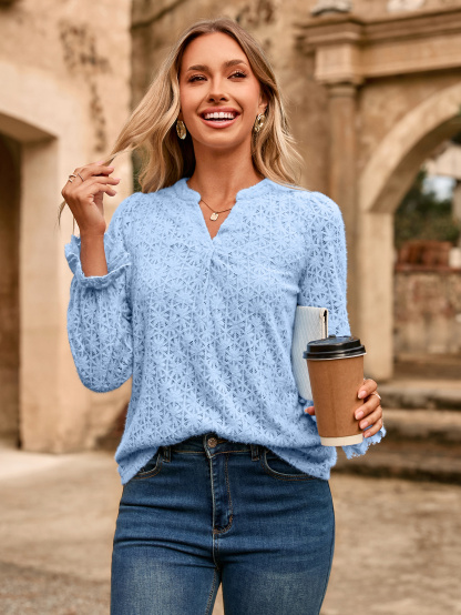Lace Eyelet V Neck Long Sleeve Top - Light Blue