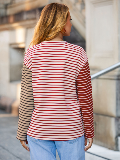 Striped Crew Neck Casual Sweatshirt -  Red White