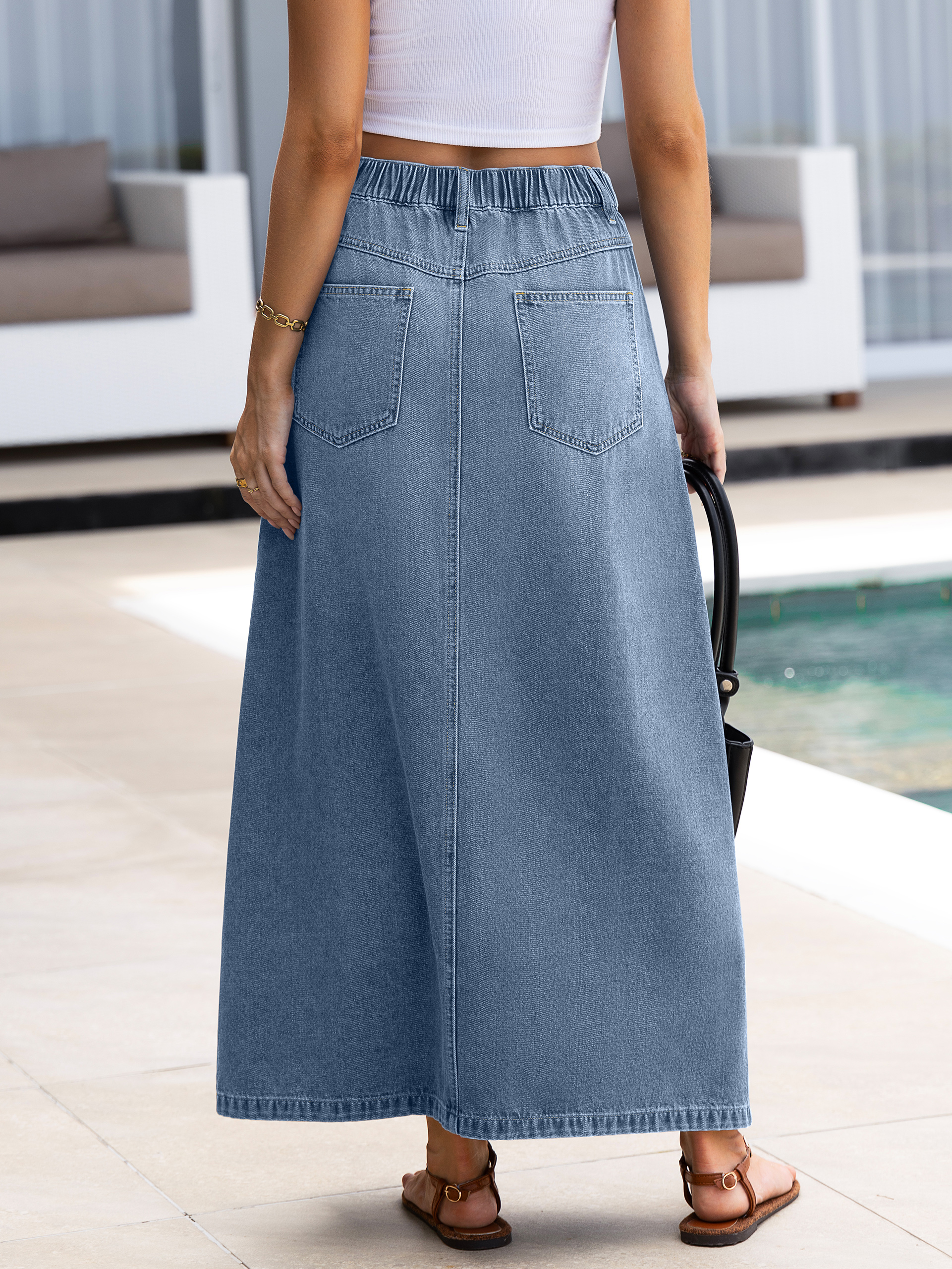High Waisted Front Slit A-Line Denim Maxi Skirt