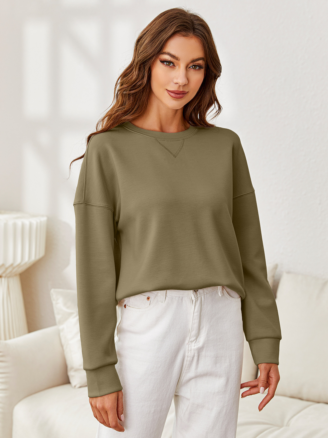 Solid Crewneck Long Sleeve Pullover Sweatshirt - Army Green