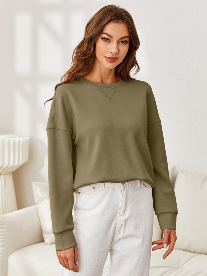 Solid Crewneck Long Sleeve Pullover Sweatshirt - Army Green