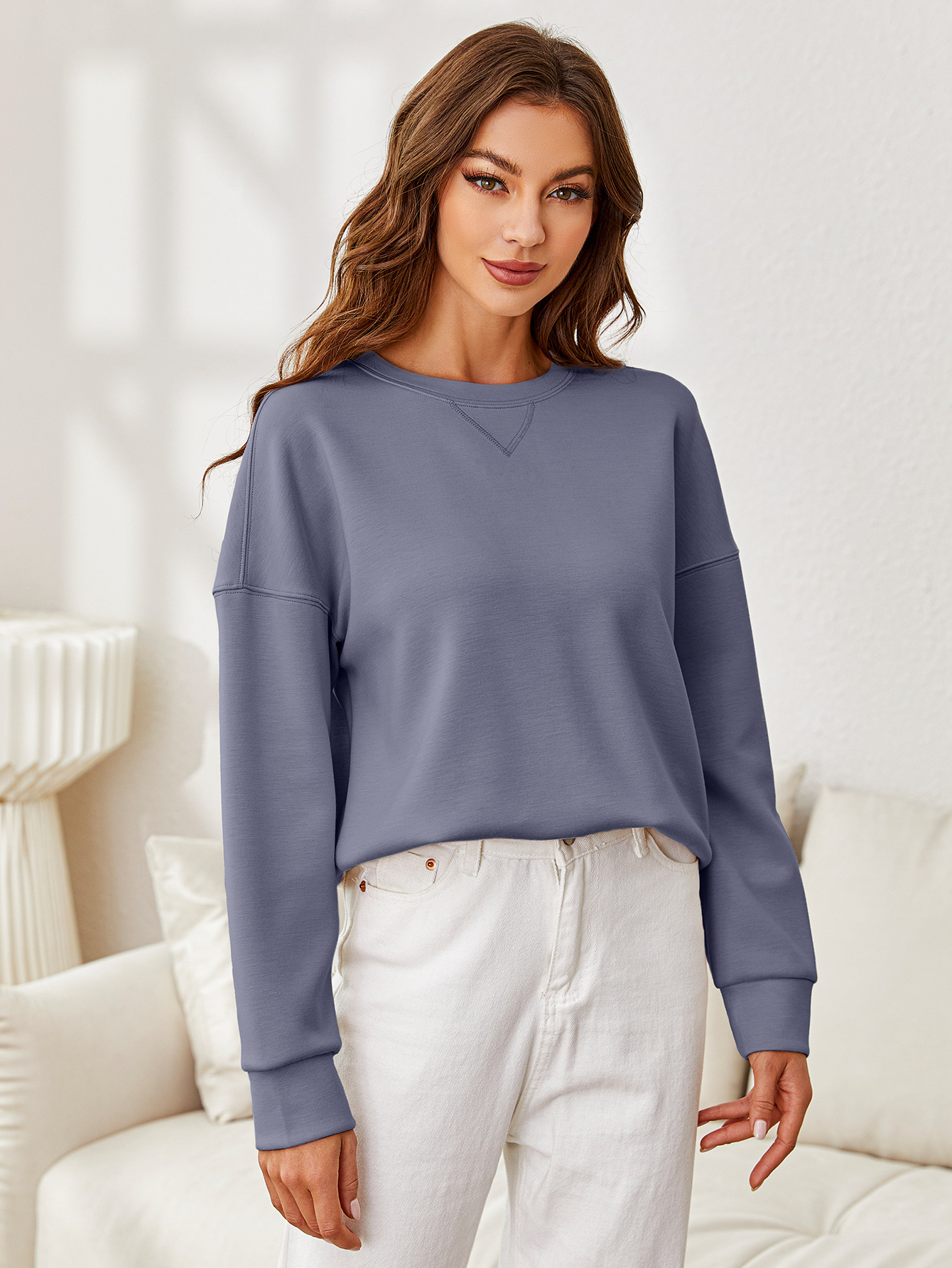 Solid Crewneck Long Sleeve Pullover Sweatshirt - Purple Blue