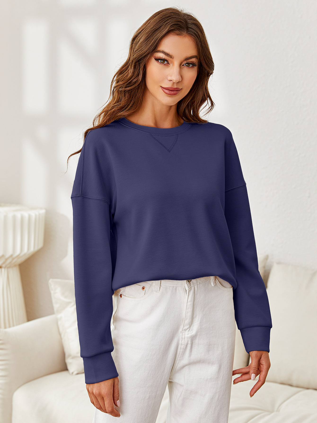 Solid Crewneck Long Sleeve Pullover Sweatshirt - Navy Blue