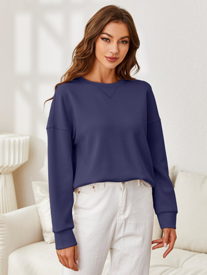 Solid Crewneck Long Sleeve Pullover Sweatshirt - Navy Blue