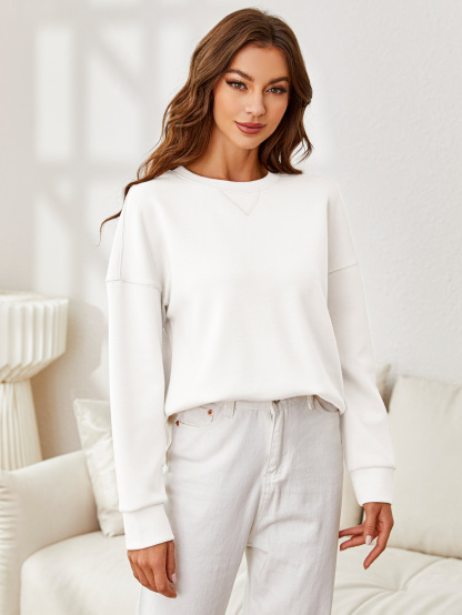 Solid Crewneck Long Sleeve Pullover Sweatshirt - White