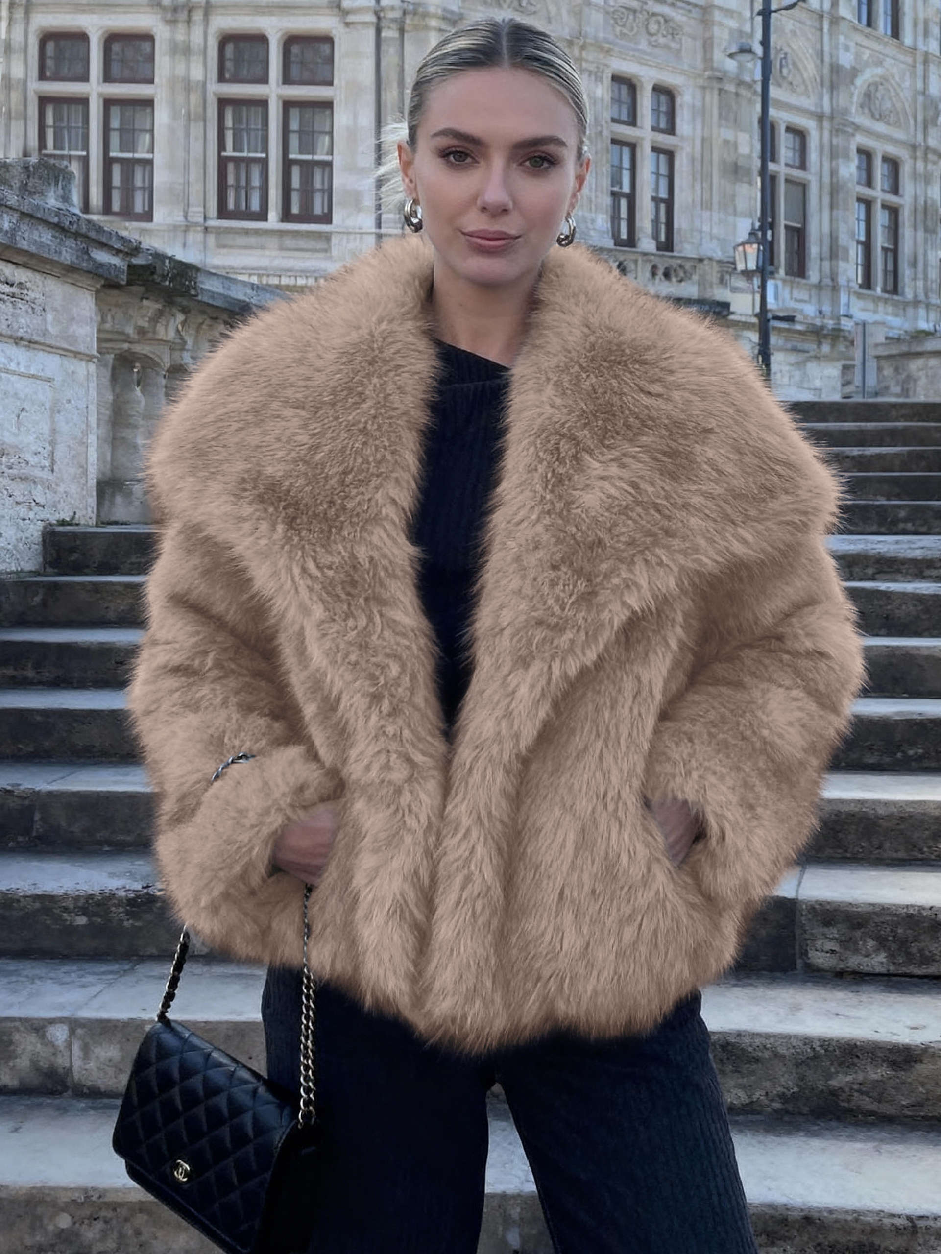 Luxurious Faux Fur Short Coat with Shawl Collar - Khaki