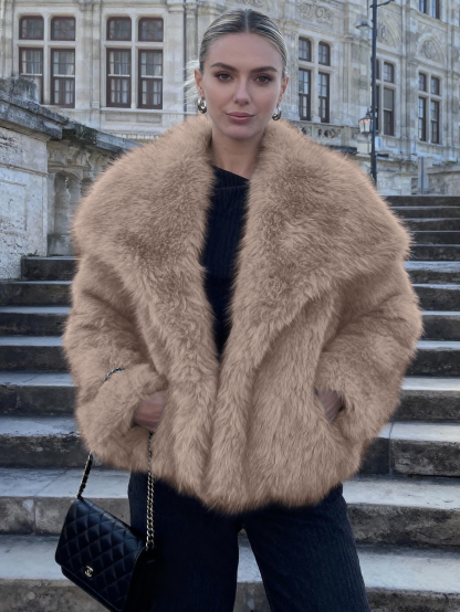 Luxurious Faux Fur Short Coat with Shawl Collar - Khaki