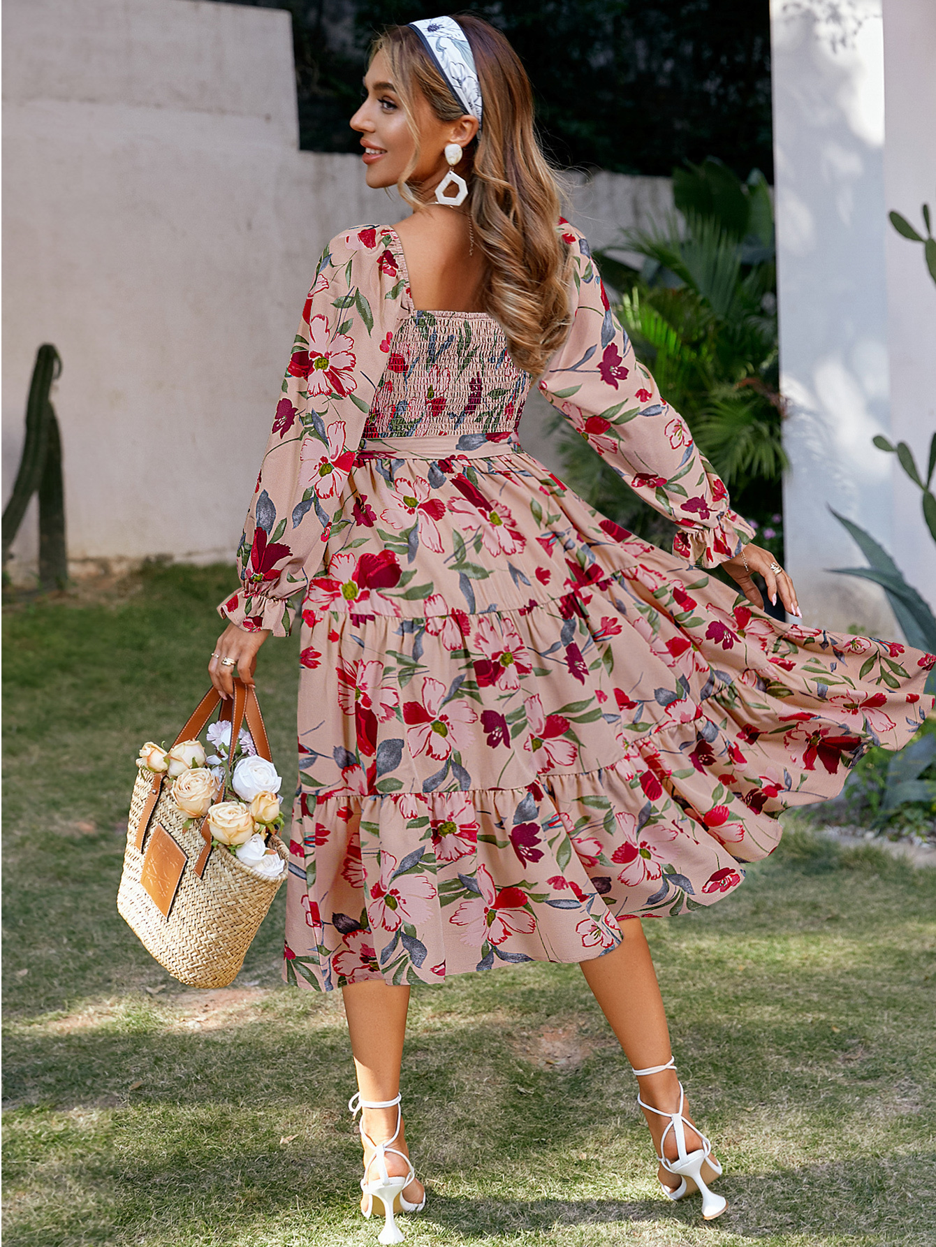 Floral Shirred Tie Waist Long Sleeve Midi Dress - Pink