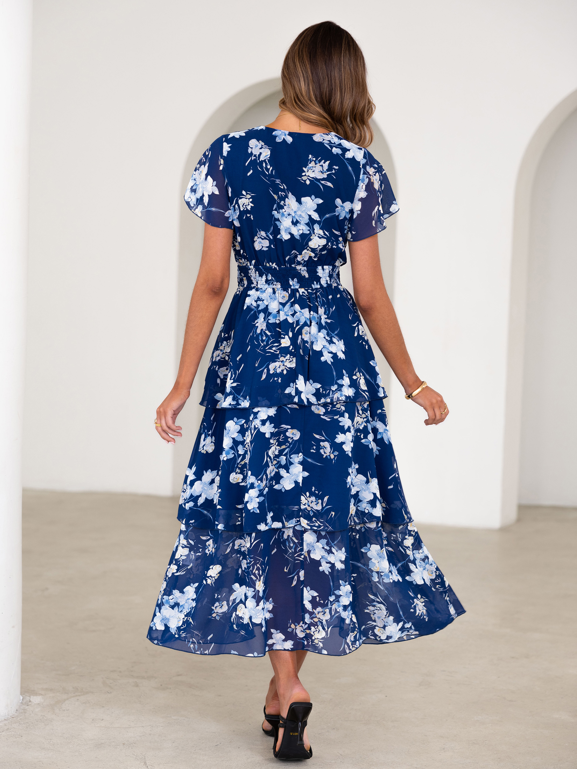 Ruffle Tiered Floral Wedding Guest Maxi Dress - Navy Floral