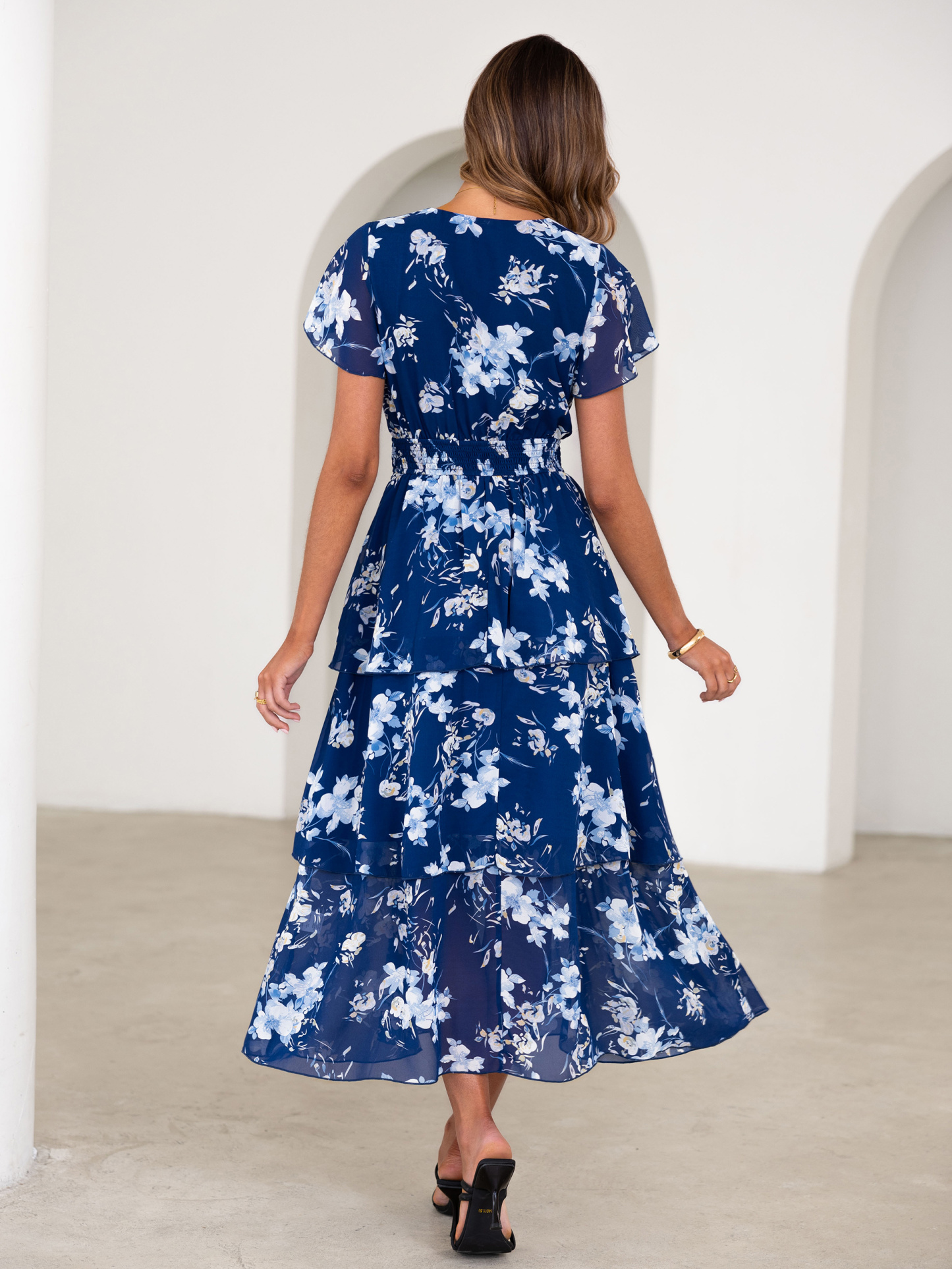 Ruffle Tiered Floral Wedding Guest Maxi Dress - Navy Floral