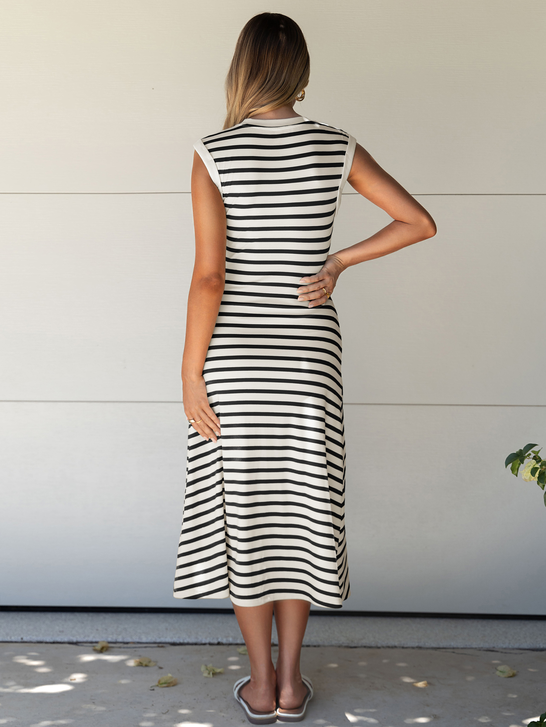 Striped Sleeveless Crew Neck A-Line Midi Dress