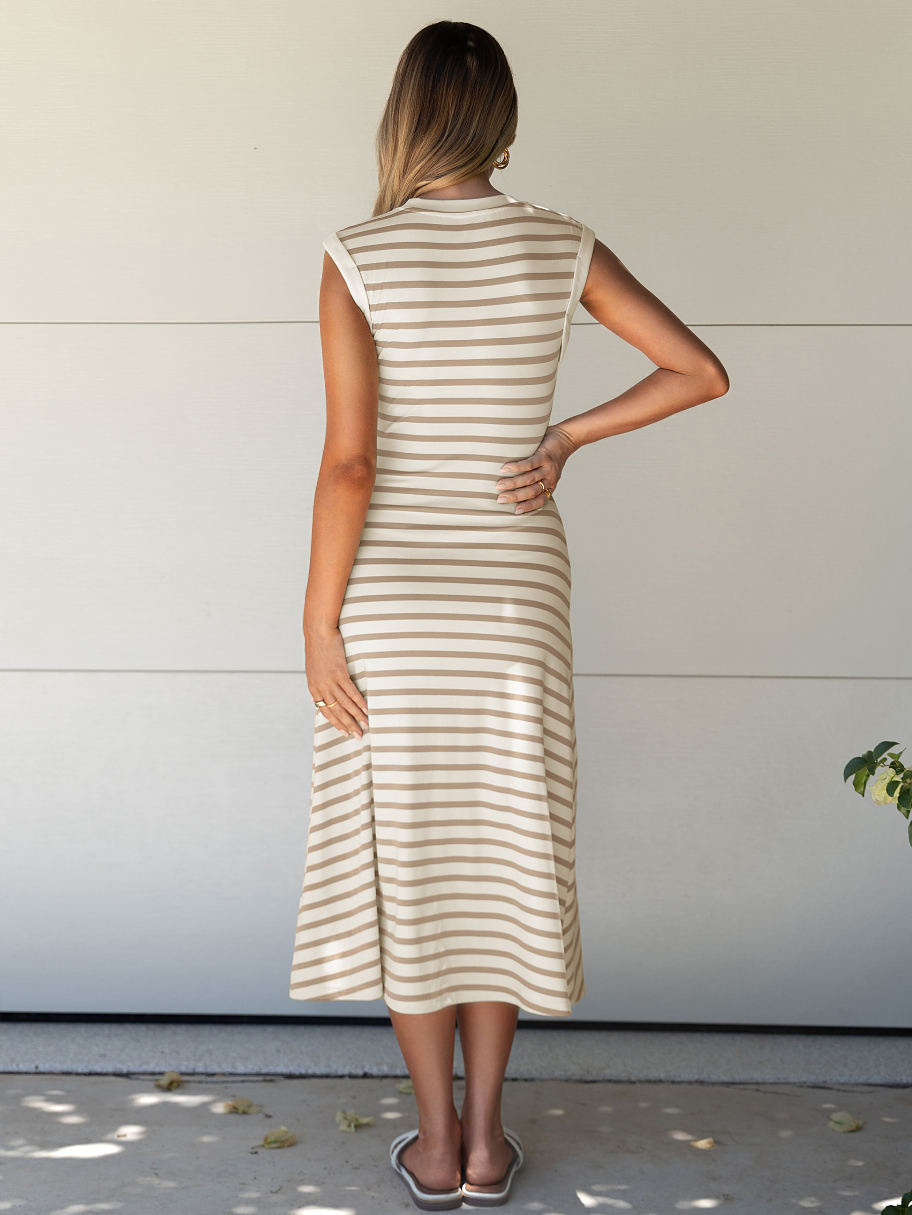Striped Sleeveless Crew Neck A-Line Midi Dress