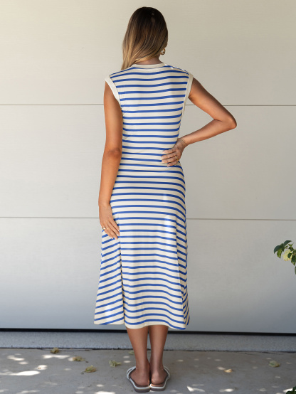 Striped Sleeveless Crew Neck A-Line Midi Dress