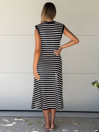 Striped Sleeveless Crew Neck A-Line Midi Dress