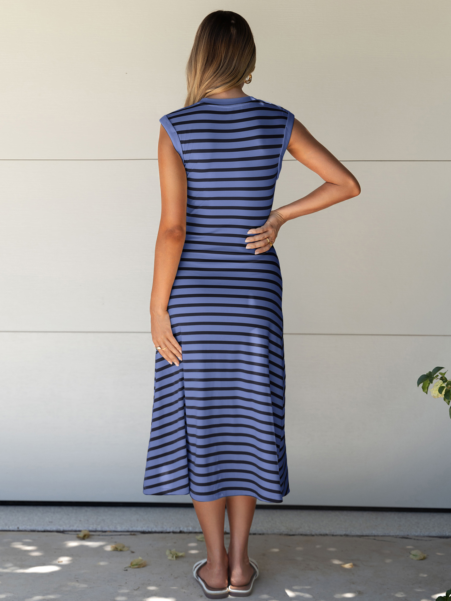 Striped Sleeveless Crew Neck A-Line Midi Dress